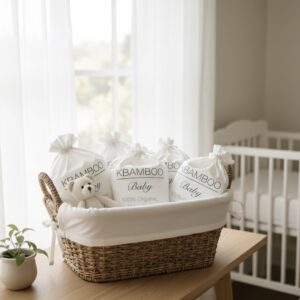 White bamboo cot sheet sets in a basket